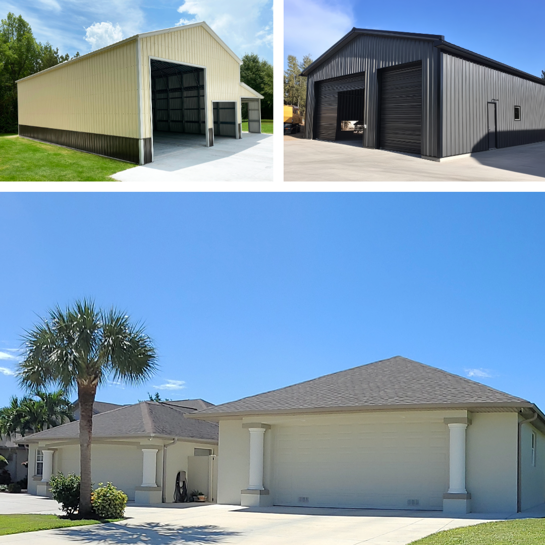 Three images showing different buildings. The first image is a yellow metal storage shed with an open front and small side door, set on a concrete pad with grass and trees in the background. The second image is a black metal garage with double roll-up doors, situated on a concrete driveway with trees behind. The third image is a residential house with a white exterior, a gray shingle roof, a garage door, a palm tree, and a landscaped yard under a clear blue sky.
