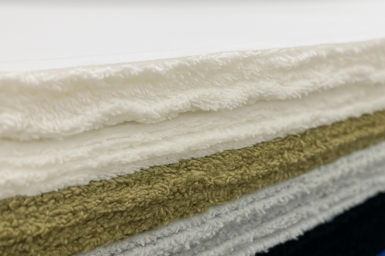 Close-up of folded towels in white, beige, and light gray colors.
