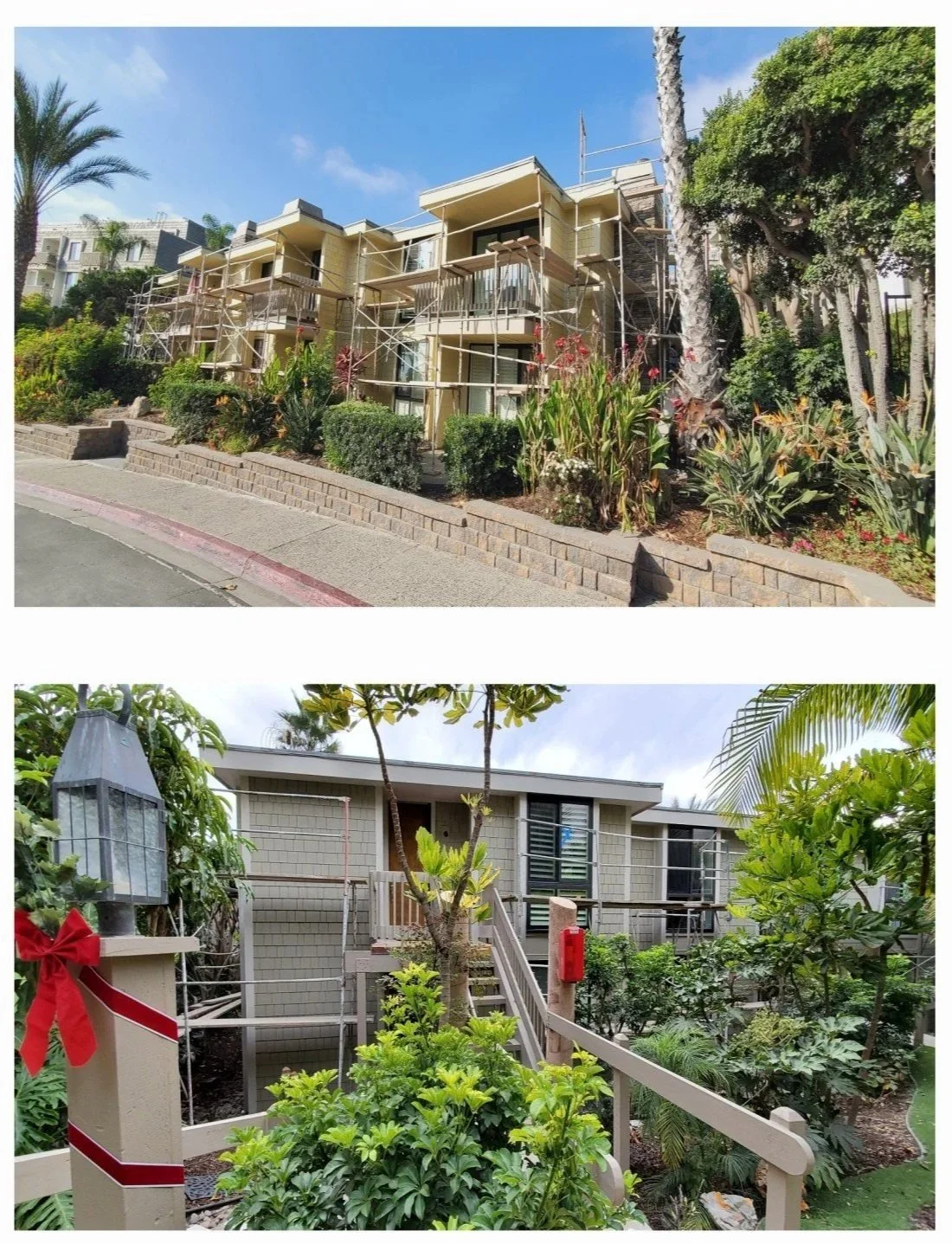 Modern two-story house with a red tiled roof, white walls, and large windows, surrounded by a manicured lawn and clear blue sky.