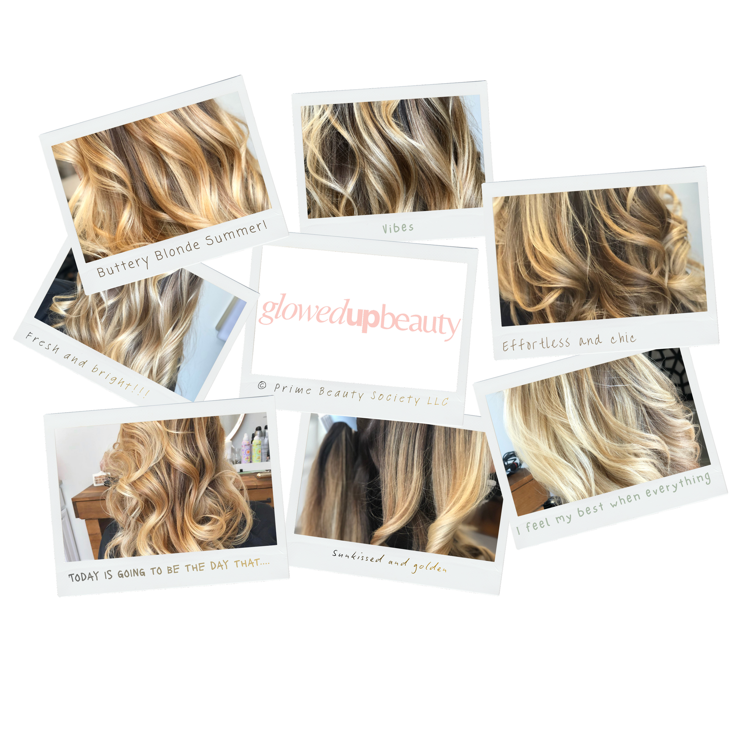 Collage of eight Polaroid-style photos featuring blonde, wavy hair with quotes about beauty and confidence, surrounded by a black background, with center text reading 'glowedupbeauty'.