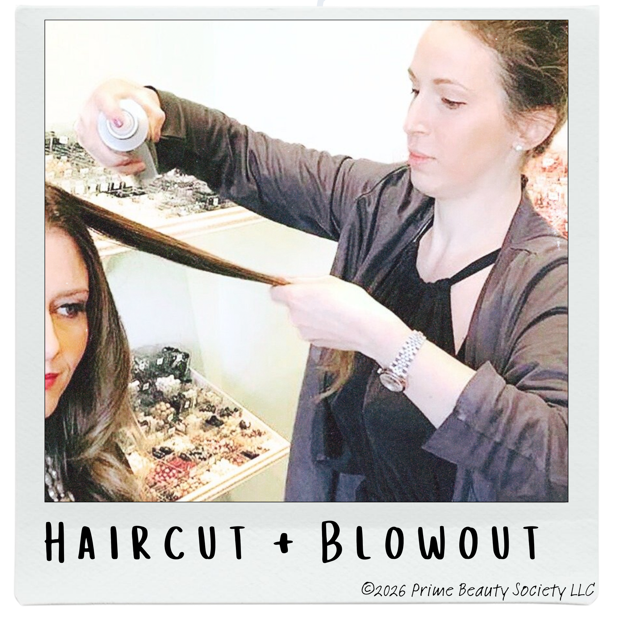 A hairstylist applying a blowout to a client's long, brown hair at a salon. The salon has a display of hair accessories and tools in the background.