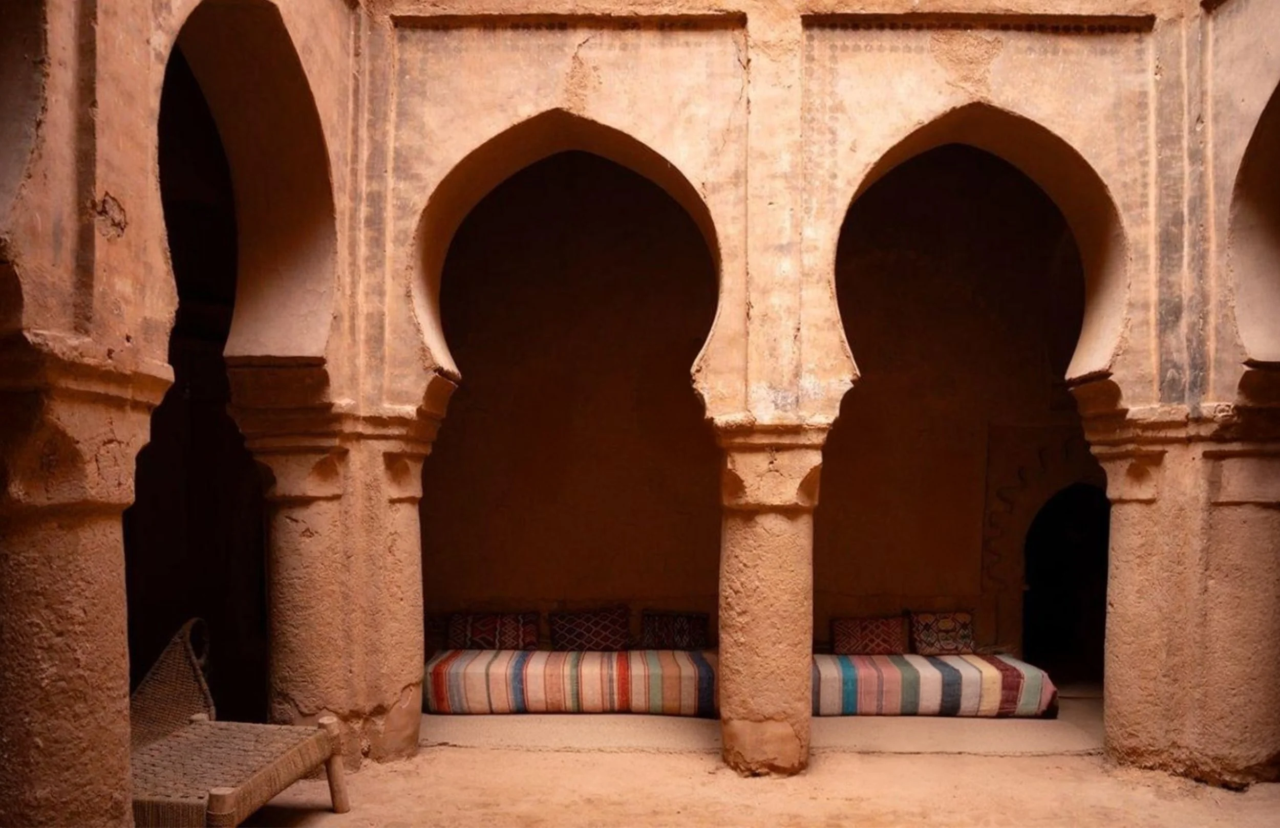 Interior of a traditional Moroccan riad with arches, columns, and a seating area with colorful cushions.