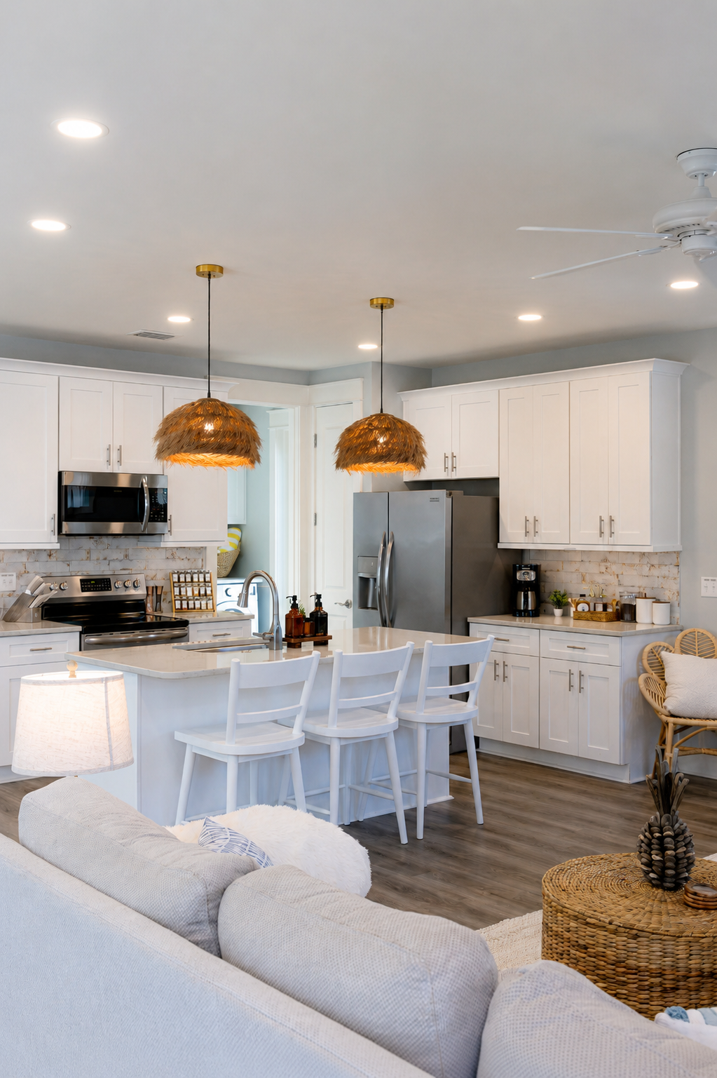 Bright, beachy, fully-stocked kitchen.