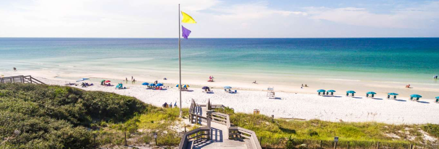 Beach scene with ocean, sandy shore, beach umbrellas, and people relaxing under umbrellas and walking along the beach.