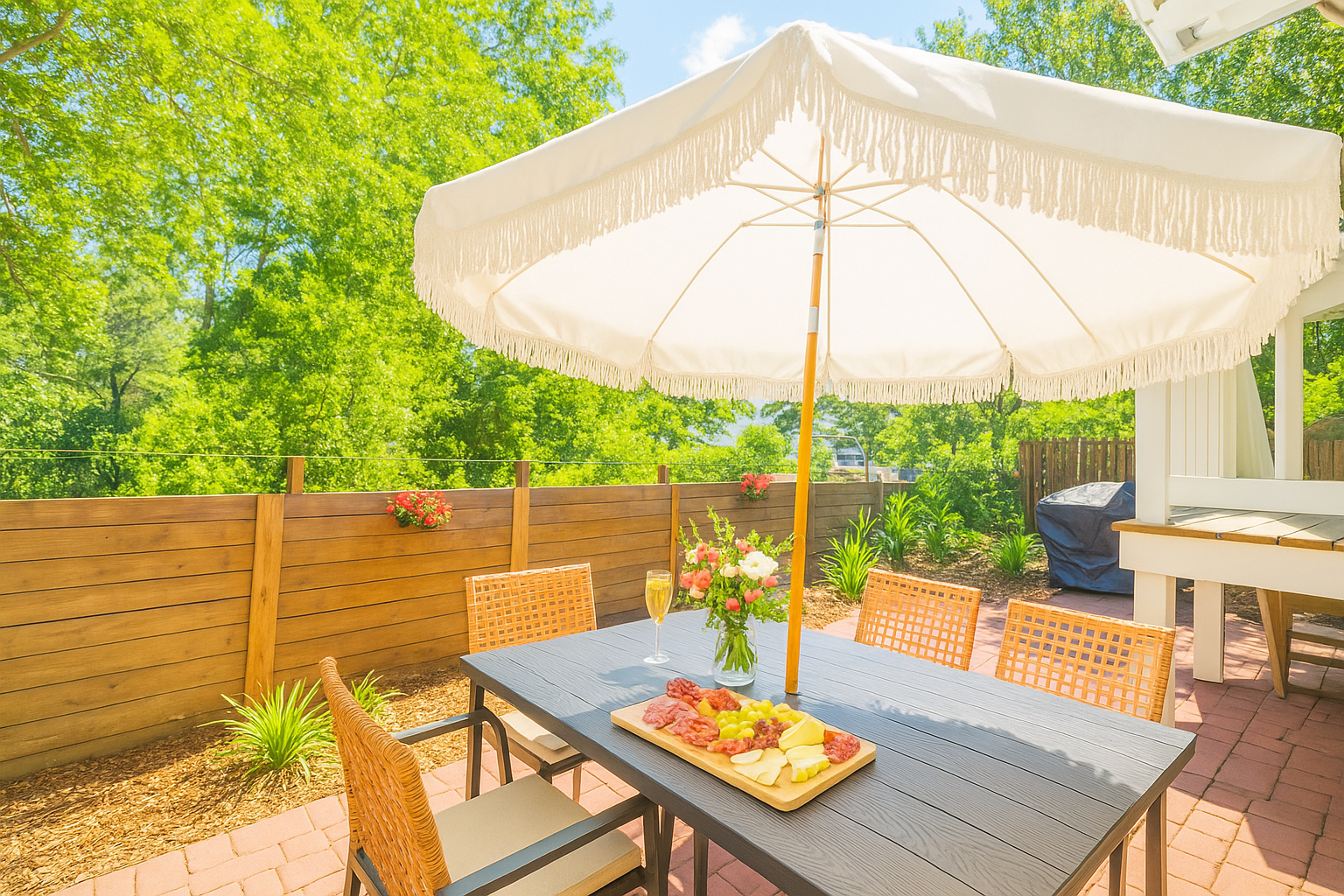 Outdoor patio with a wooden dining table under a large white umbrella, set with cheese, charcuterie, flowers, and a glass of wine, surrounded by a wooden fence and lush green trees.