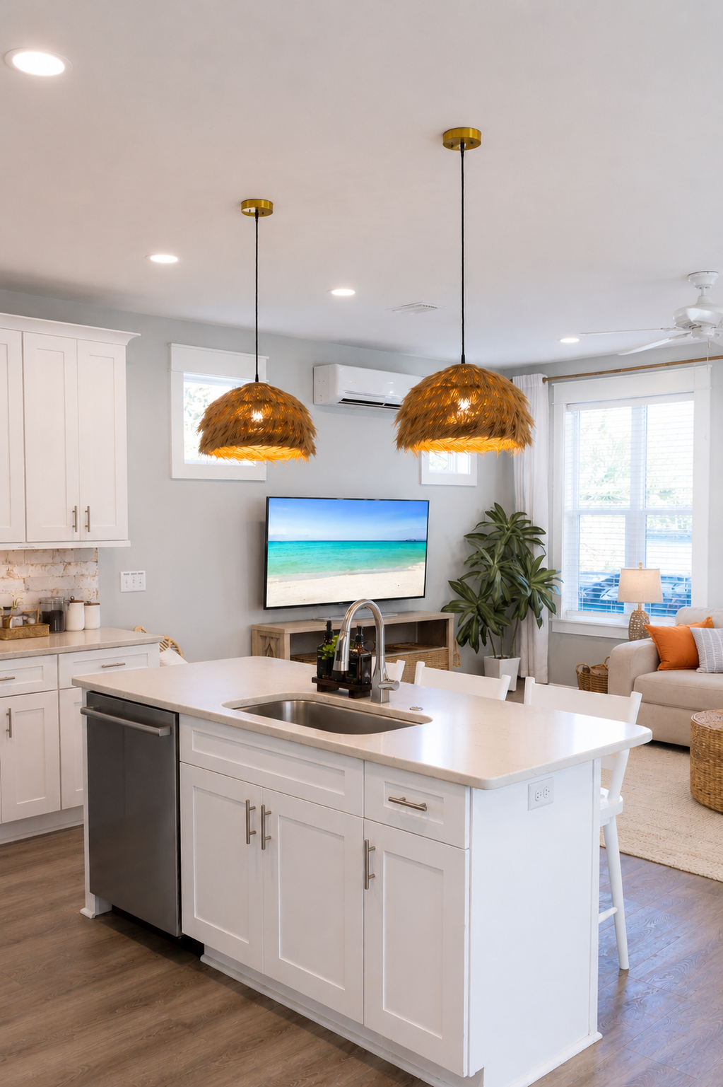 Second Set open-concept living room and kitchen with white cabinetry, coastal decor, comfortable seating, and large windows overlooking the greenery.