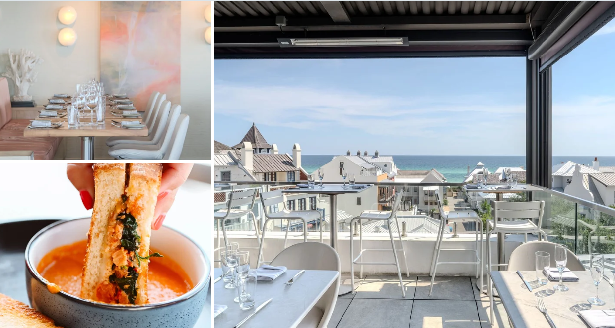 Collage of three images: a decorated dining room with table set for a meal, a balcony with a view of rooftops and the ocean, and a close-up of bread with dipping sauce.