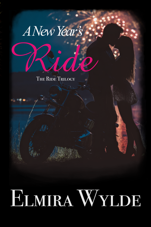 Motorcycle Romance book by Elmira Wylde, showing a silhouette of a couple embracing near a motorcycle with fireworks in the background. Featuring masked man. Tattooed men. Motorcycle romance. Top selling romance books. Smut books.