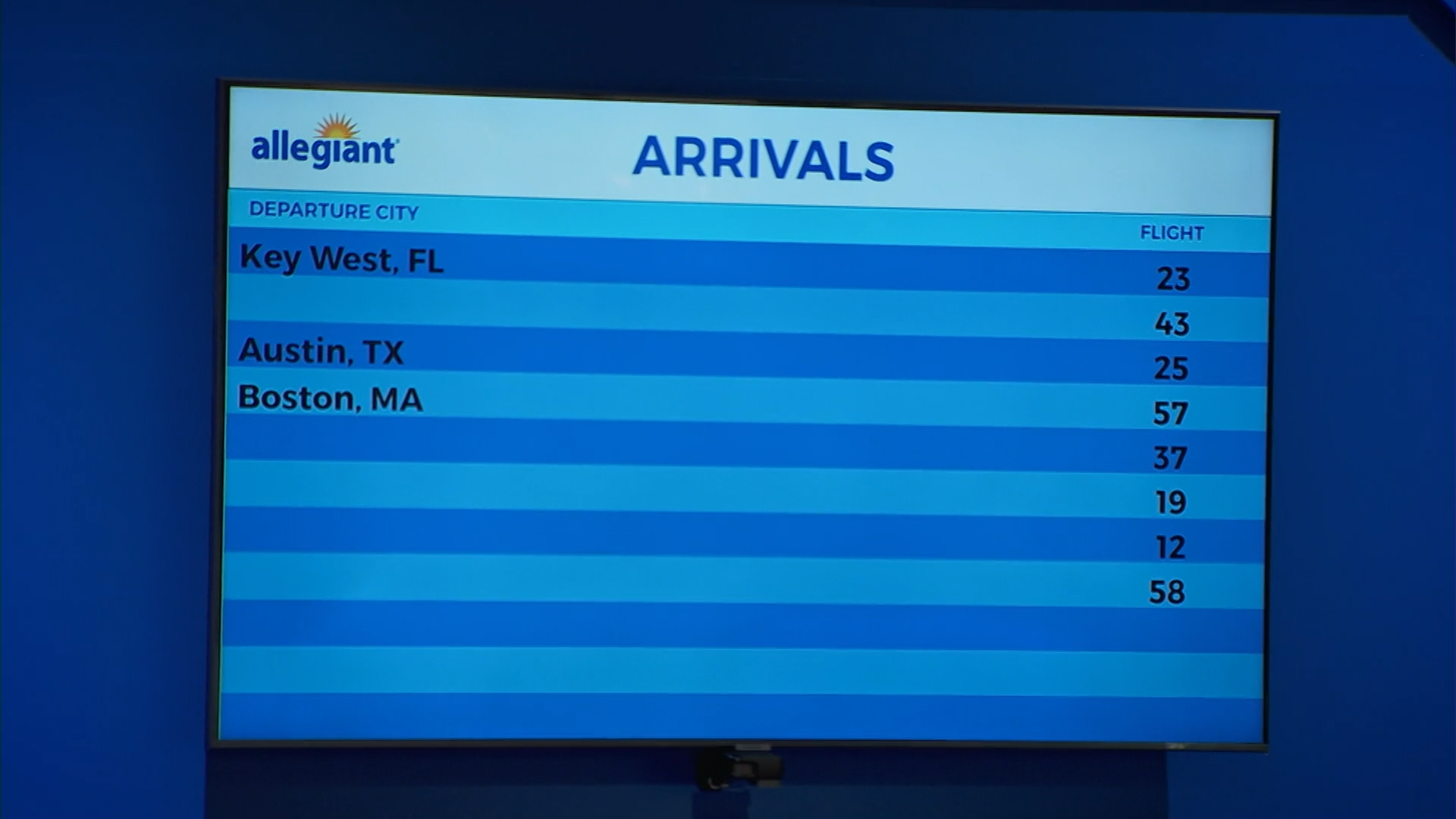 Flight arrivals board at Allegiant Airlines showing flights from Key West, FL; Austin, TX; and Boston, MA with their respective flight numbers.