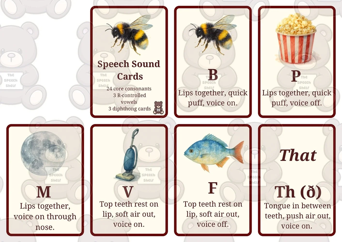 These speech sound cards are finally here 🤍

This set includes 24 consonant sounds, 3 R-controlled vowels, and 3 diphthongs. 

Get this and unlimited materials for 5 dollars a month on the speech shelf! 🧸

#speechtherapy #slpsofinstagram #speechshe