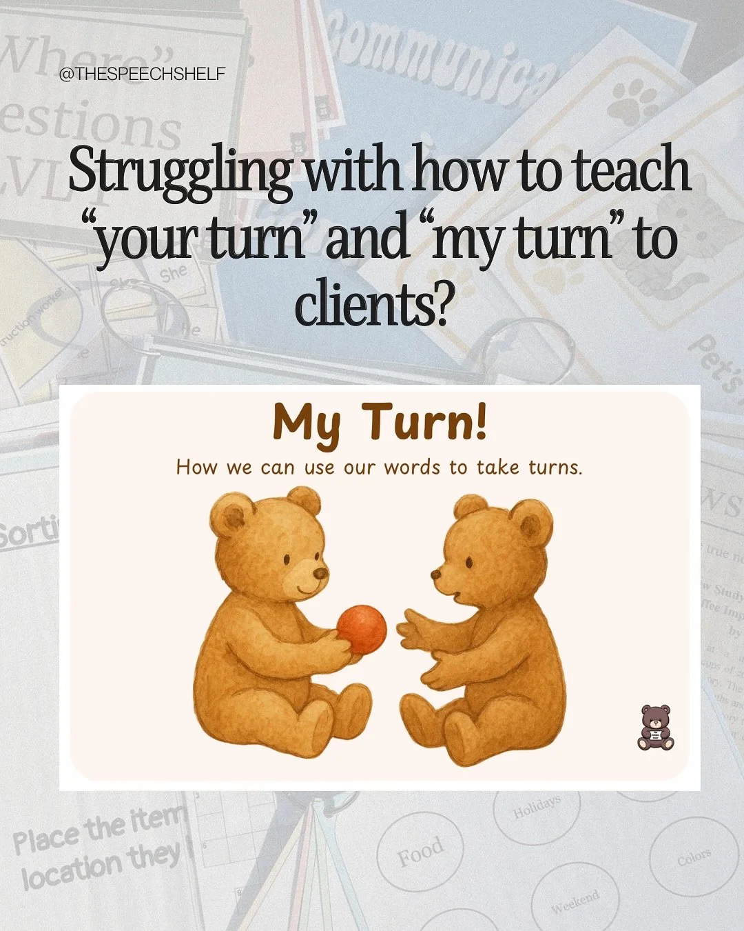 Struggling with how to teach &ldquo;your turn&rdquo; and &ldquo;my turn&rdquo;? 
This quick story paired with a reference sheet is the perfect fix for your sessions &mdash; helping little learners see, say, and feel what taking turns really means.

N