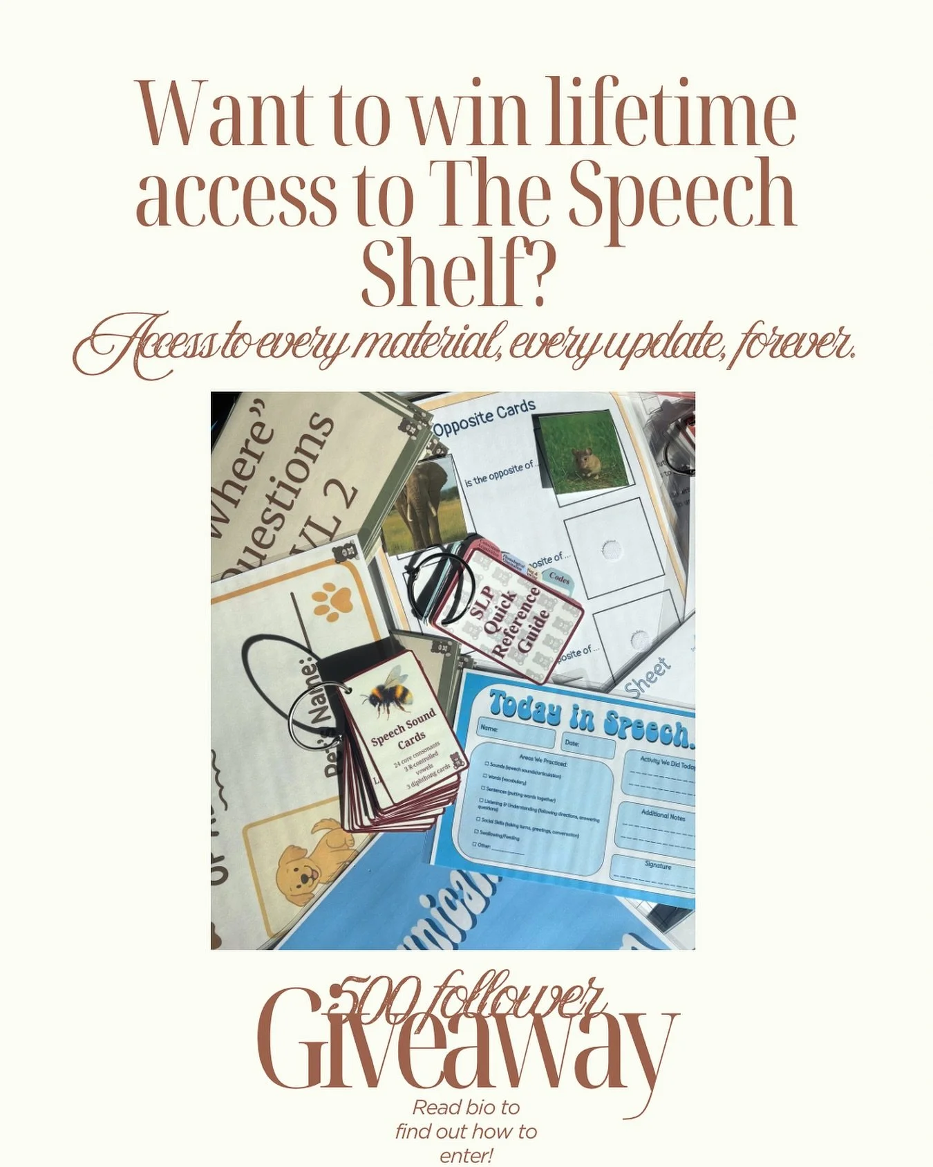 500 FOLLOWER GIVEAWAY!

Thank you for 500 of you !😊🎉
To celebrate, I&rsquo;m giving ONE winner unlimited lifetime access to The Speech Shelf &mdash; all downloadable therapy materials, all updates, forever. 🤎📚

HOW TO ENTER:
Follow @thespeechshel