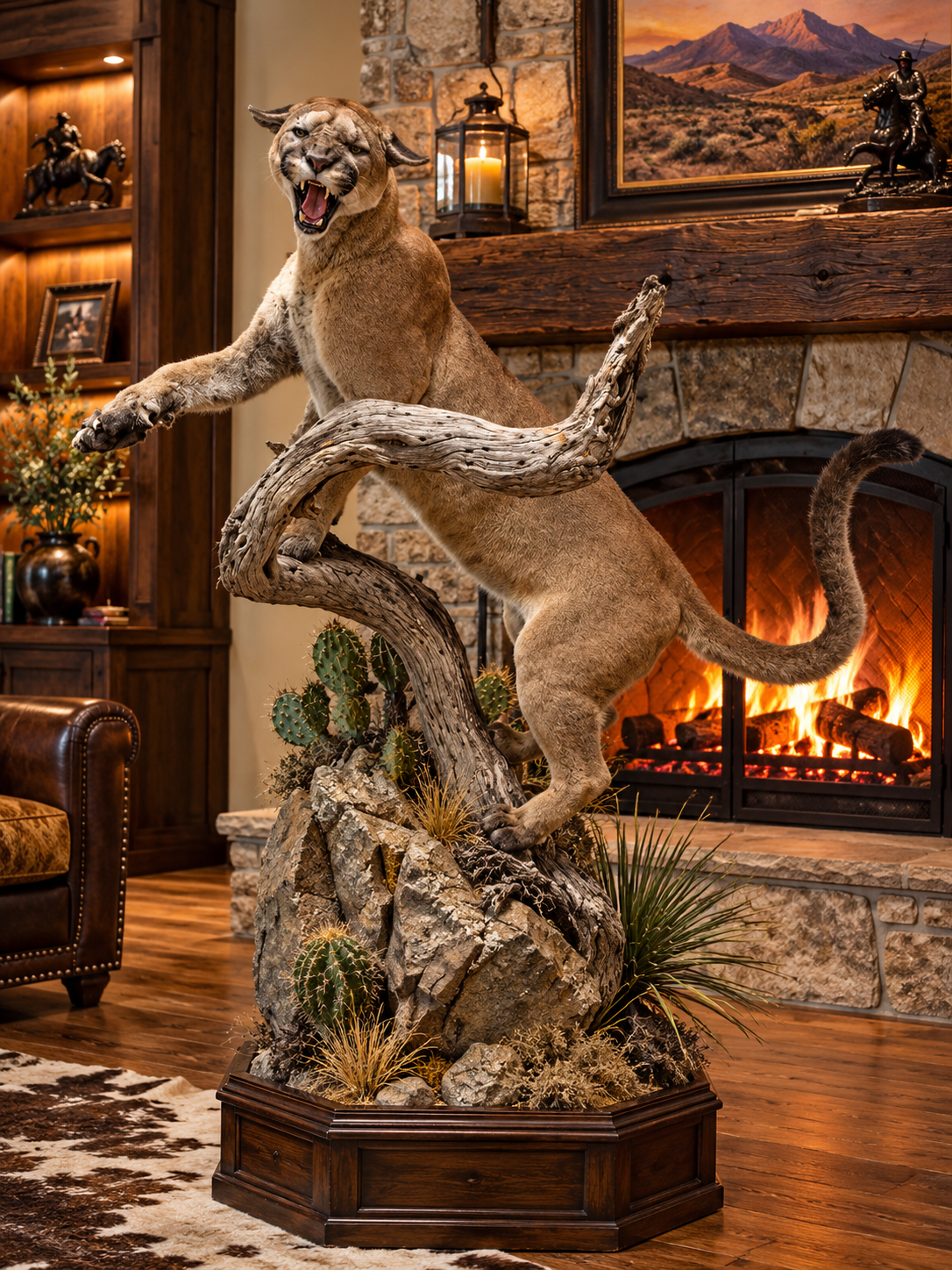 Taxidermy mount of a mountain lion on a twisted tree branch inside a rustic living room with a fireplace, wooden furniture, and southwestern decor mounted by Illusions Taxidermy.