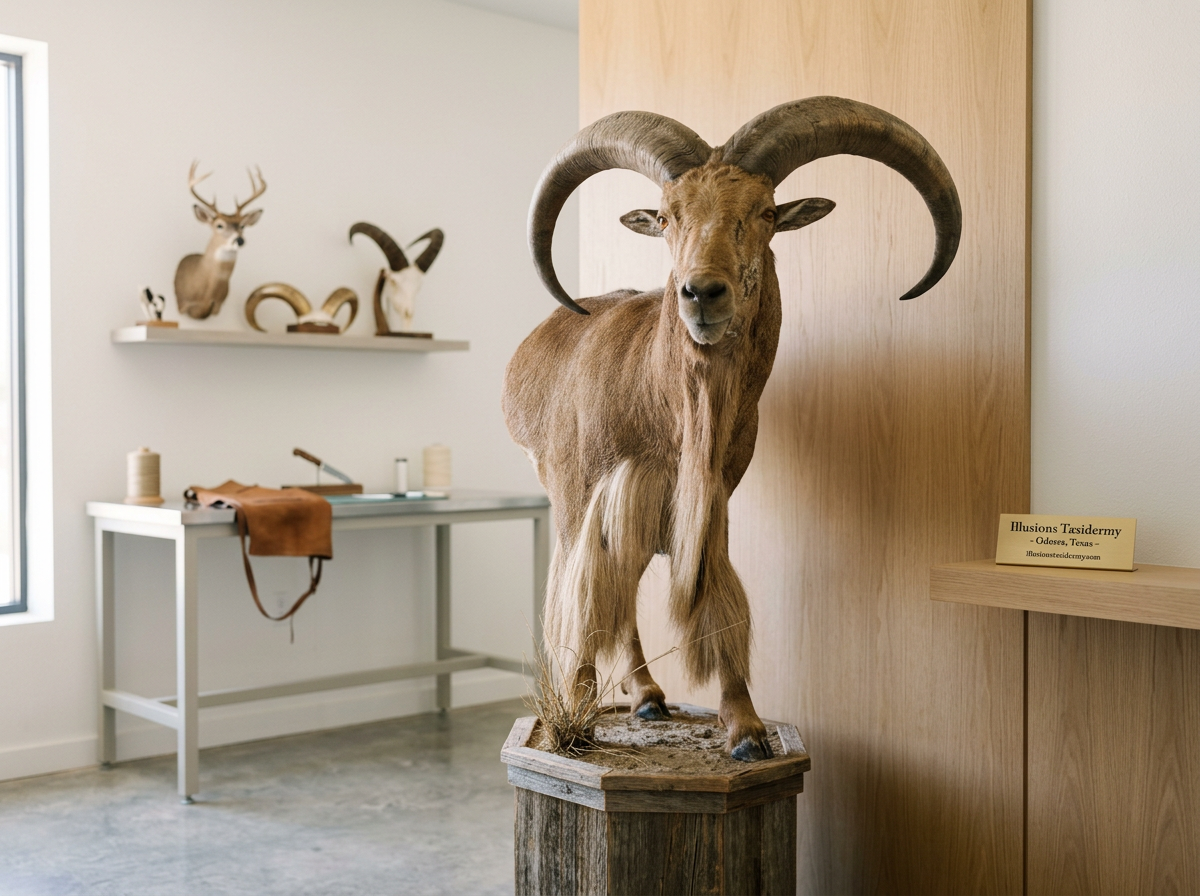 Taxidermy mount of an Aoudad ram with large, curved horns on display in a museum or gallery by Illusions Taxidermy.
