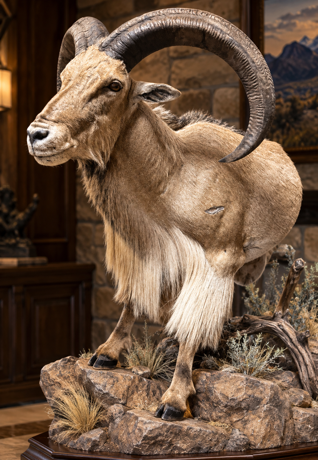 Taxidermy mount of a mountain goat with large curved horns, standing on a rocky base with desert plants, set indoors with a wooden wall and landscape painting in the background.