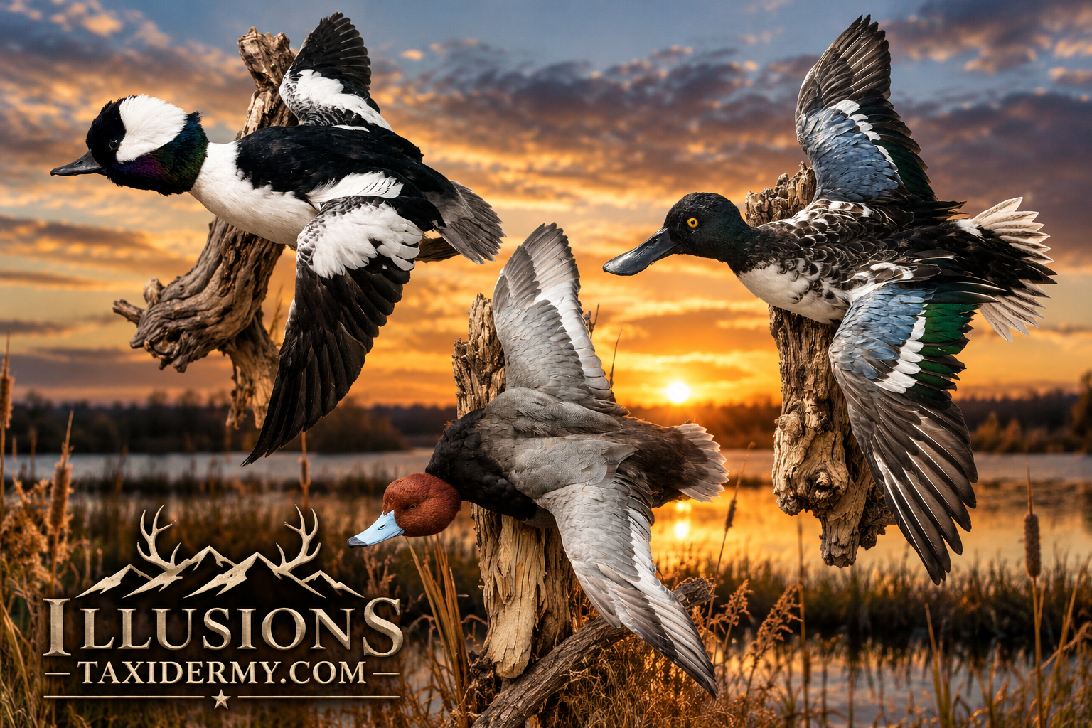 Four ducks perched on weathered tree branches near a body of water during a sunset, with a colorful sky and clouds in the background by Illusions Taxidermy.