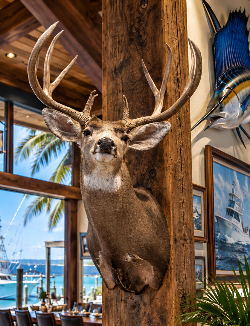 Taxidermy deer head mounted on a wooden post inside a restaurant or cafe with nautical decor and large windows showing a marina with boats by Illusions Taxidermy.