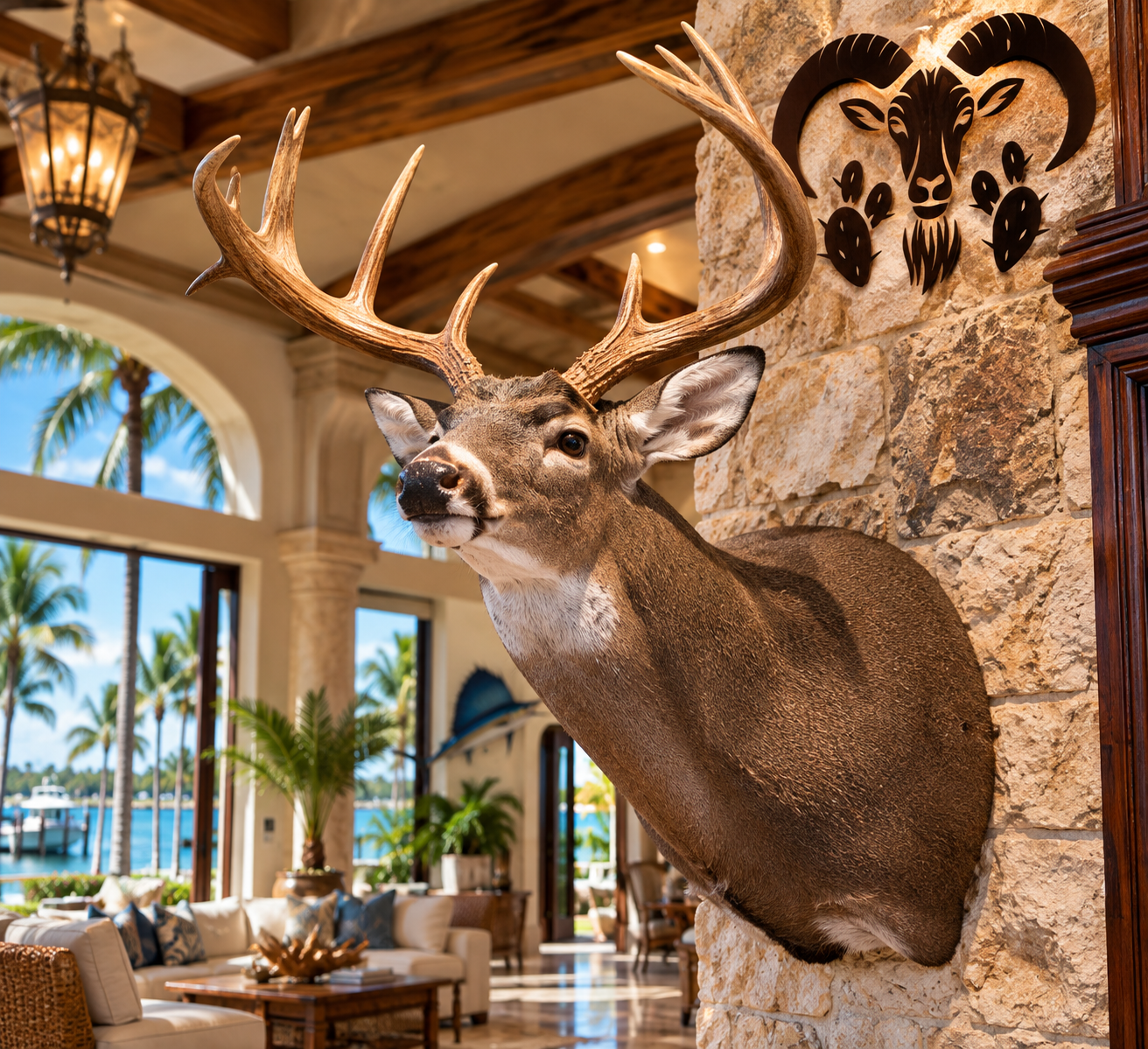 Mounted Whitetail deer head with large antlers on a stone wall inside a home, with a decorative animal face artwork above it by Illusions Taxidermy.