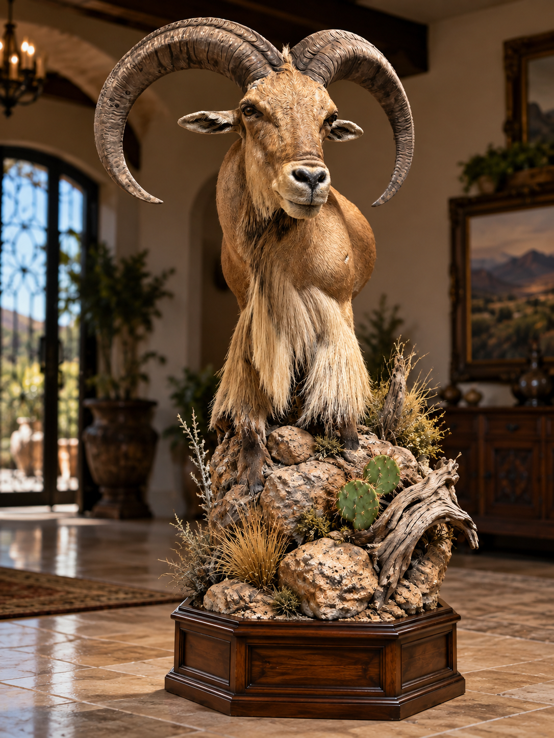 Taxidermy display of an Aoudad ram with large, curved horns, surrounded by desert plants and rock habitat inside a room by Illusions Taxidermy.