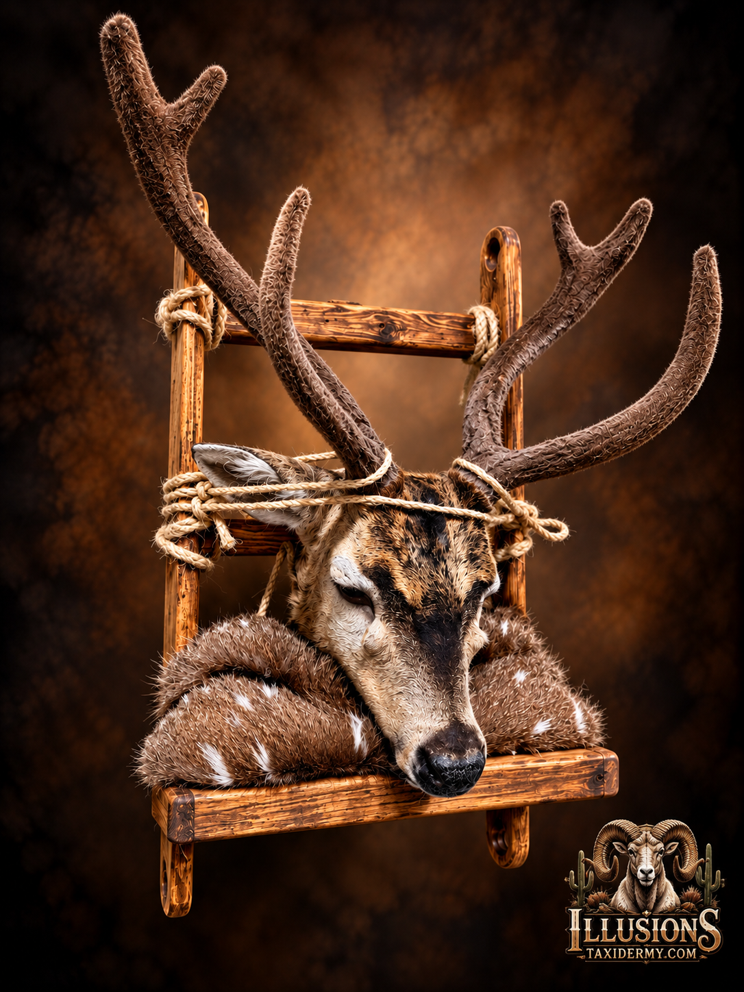 Pack Mount of a beautiful Axis buck in velvet. Also known as a Chital by Illusions Taxidermy Midland Odessa Texas.