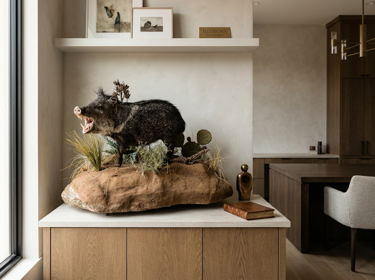 Taxidermy Javelina mounted on a rock display in a modern living room, with framed artwork and books in the background by Illusions Taxidermy.