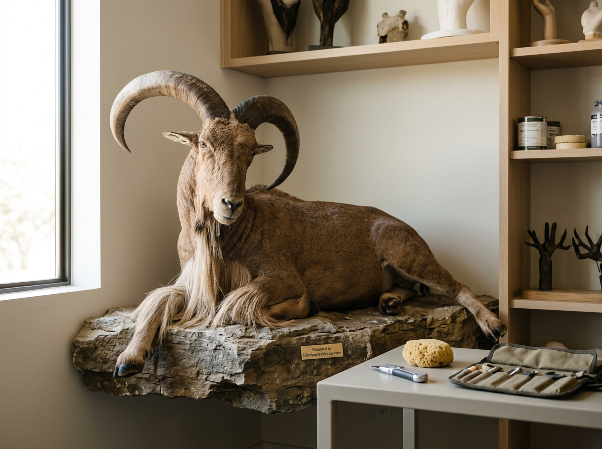 Taxidermy mount of an Aoudad ram with large curved horns, lying on a rock platform inside a room with shelves and a window by Illusions Taxidermy.