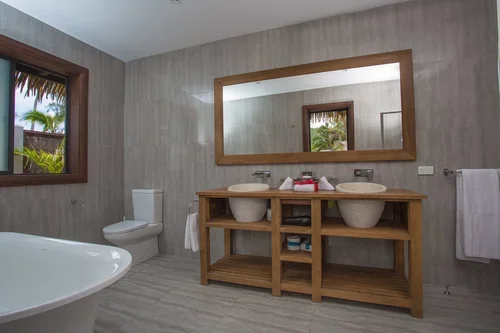 Bathroom with two vessel sinks on a wooden vanity, a large wall mirror, a toilet, a partially visible bathtub, a window with palm trees outside, and a towel hanging on a rail.