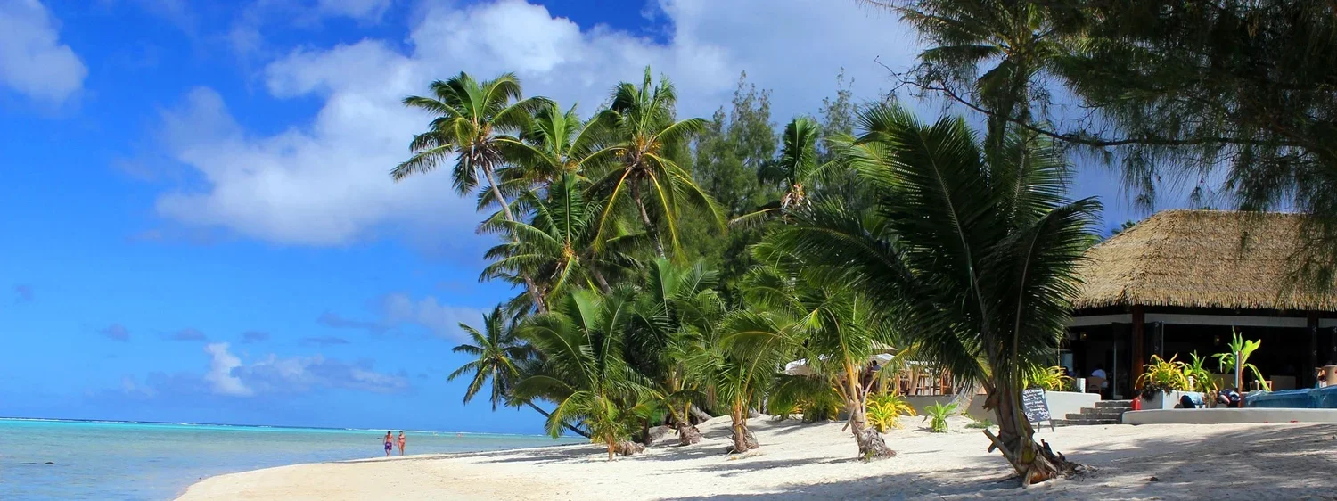 Tropical beach with white sand, lush palm trees, a hut with a thatched roof, and a calm ocean under a blue sky with clouds.