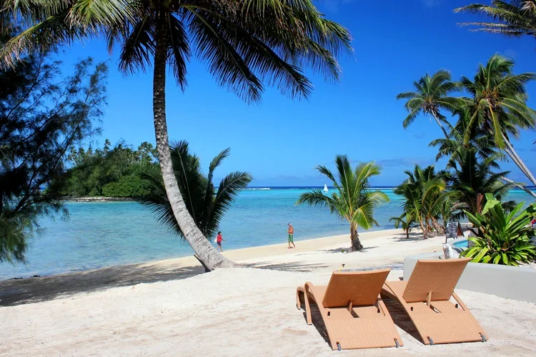 Tropical beach with palm trees, lounge chairs, and clear blue water