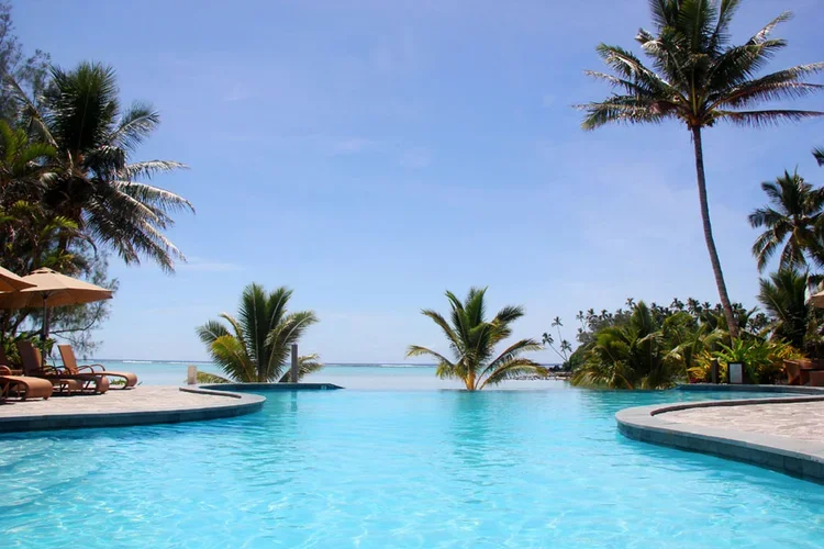 Swimming pool overlooking a beach with palm trees under a blue sky.