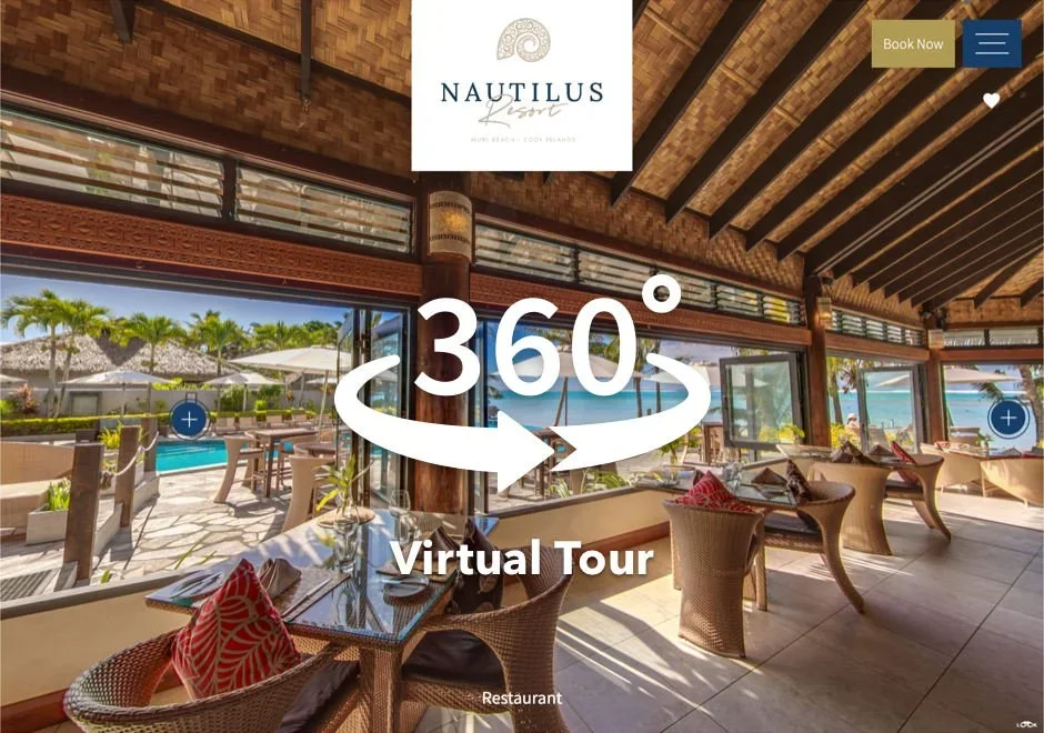 Indoor restaurant area with large windows opening to a poolside view and beach, wooden ceiling and furniture, with a 360-degree virtual tour overlay.