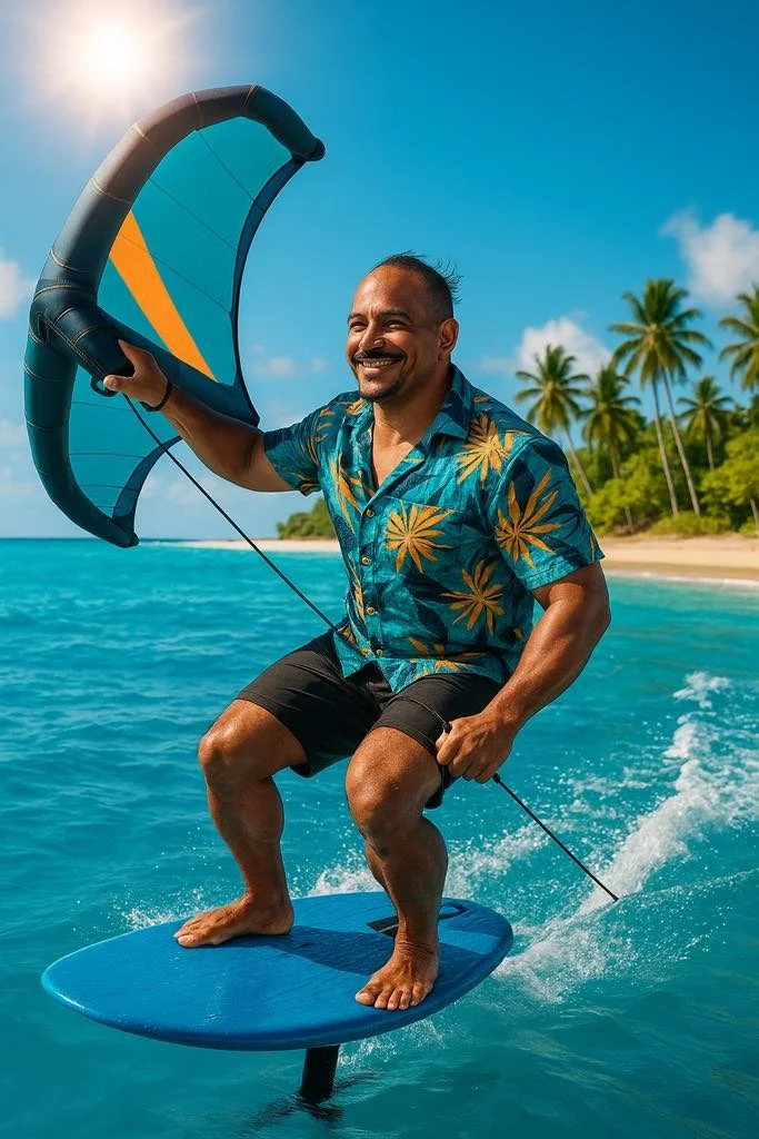 Man balancing on a hydrofoil board with a kite, smiling on a tropical beach with palm trees under a blue sky.