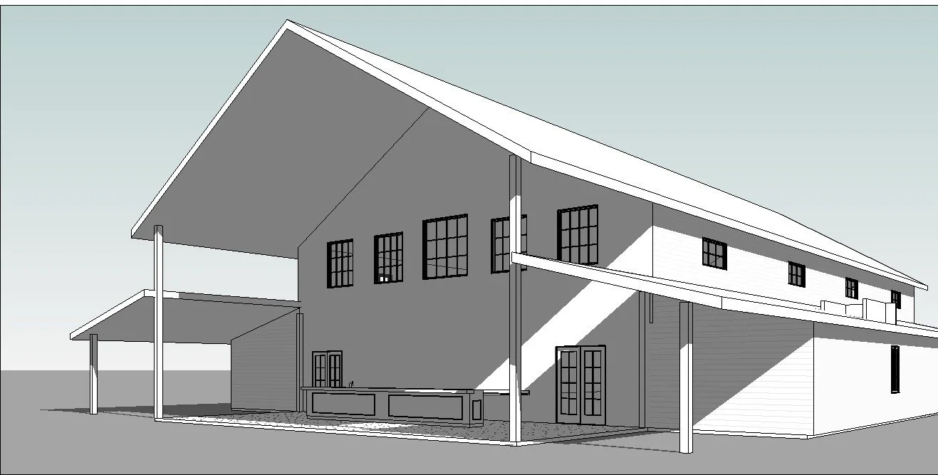 Architectural drawing of a two-story house with an expansive roof and large windows, featuring an outdoor covered patio area.