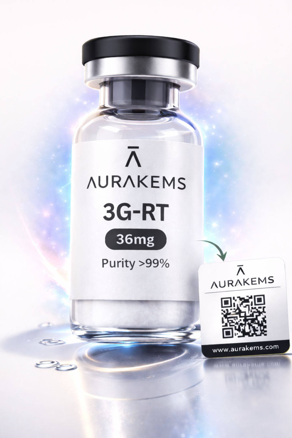 A glass vial labeled 'AURAKEMS 3G-RT 36mg Purity >99%' with a black cap, surrounded by a glowing, sparkly background and a QR code tag with the web address www.aurakems.com.