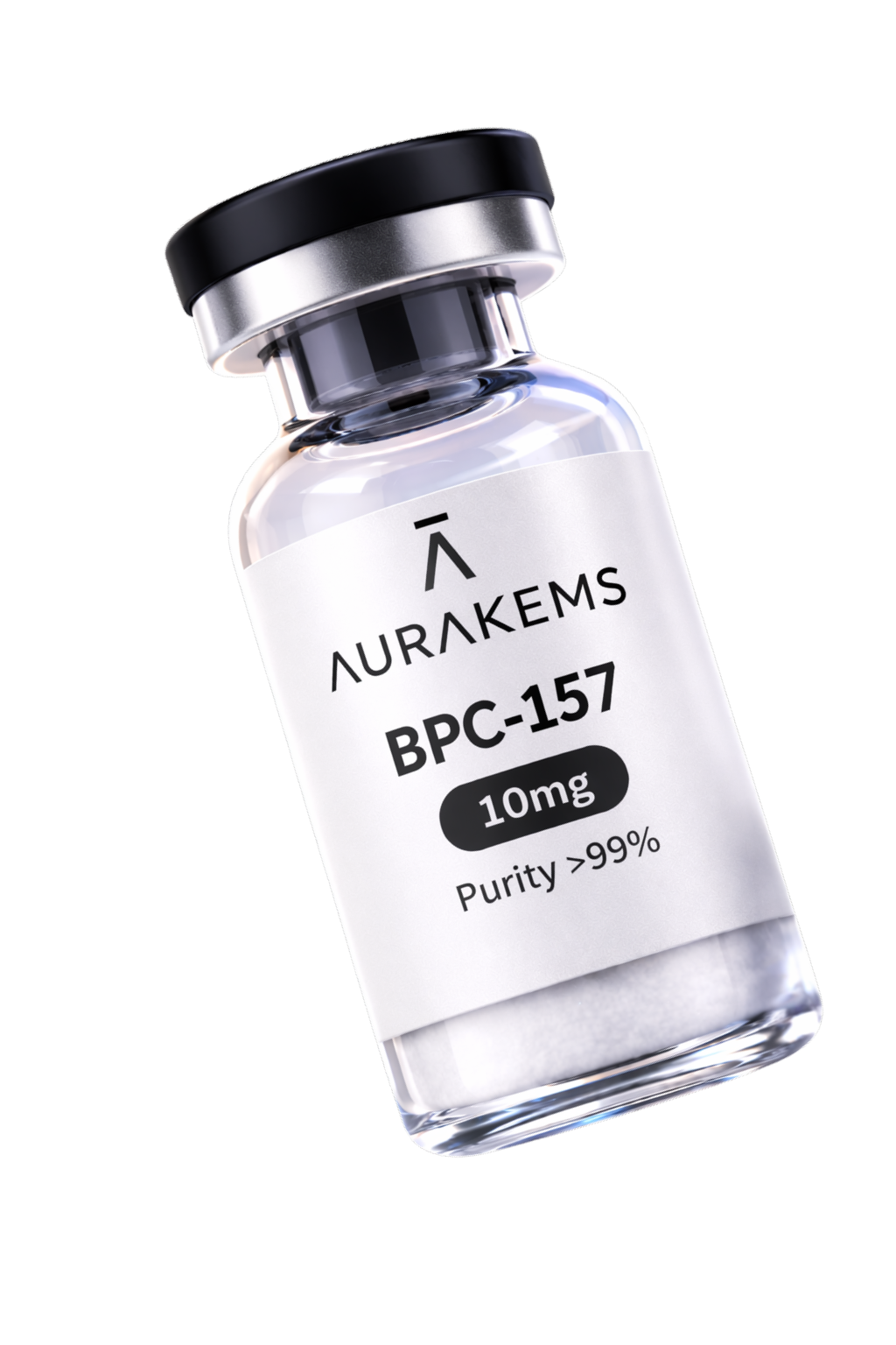 A small glass vial labeled 'Aurakems BPC-157 10mg' with a purity greater than 99%. The label indicates the product is a peptide with a dosage of 10 milligrams.