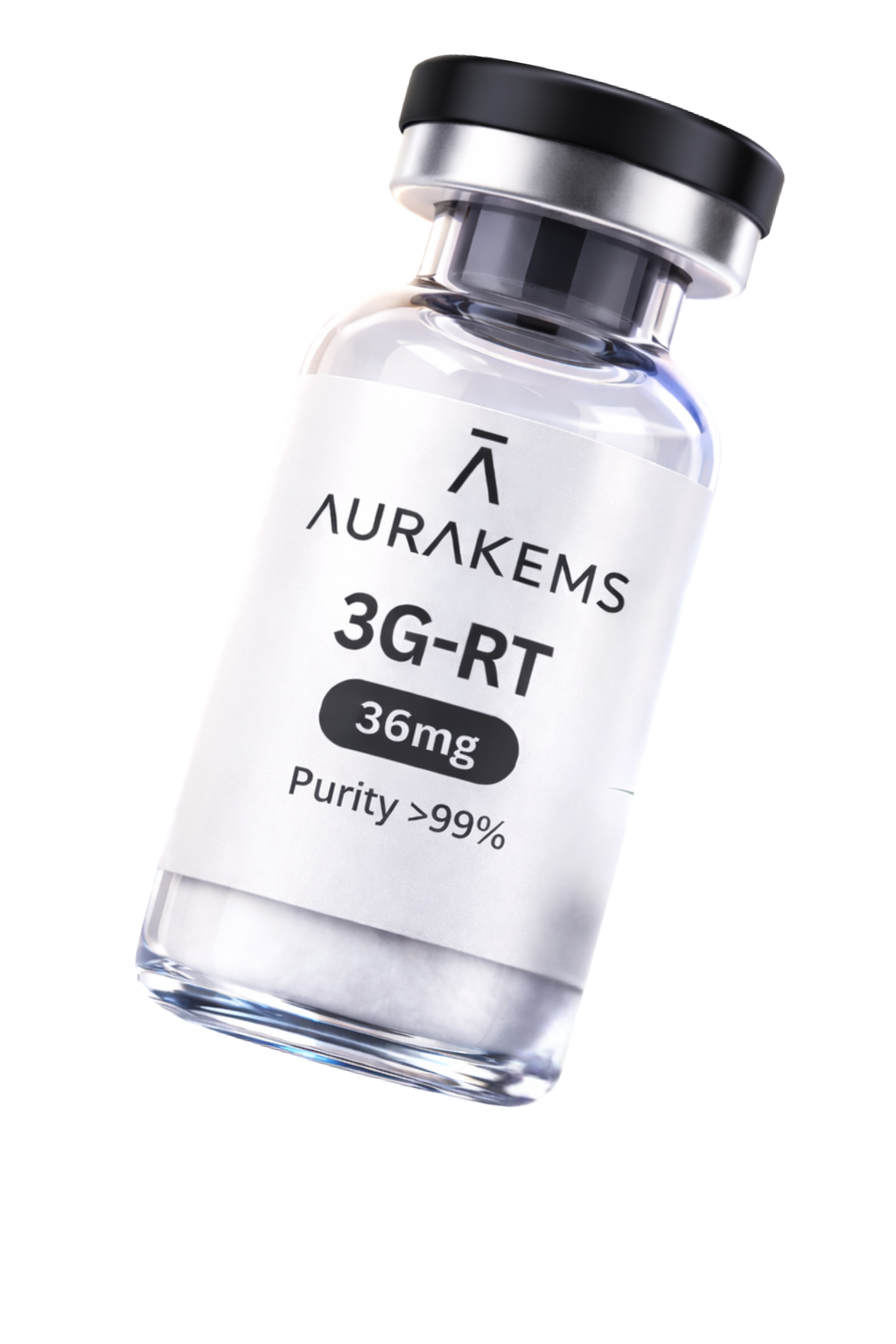 A clear glass bottle with a black cap labeled 'AURAKEMS 3G-RT 36mg Purity >99%'.