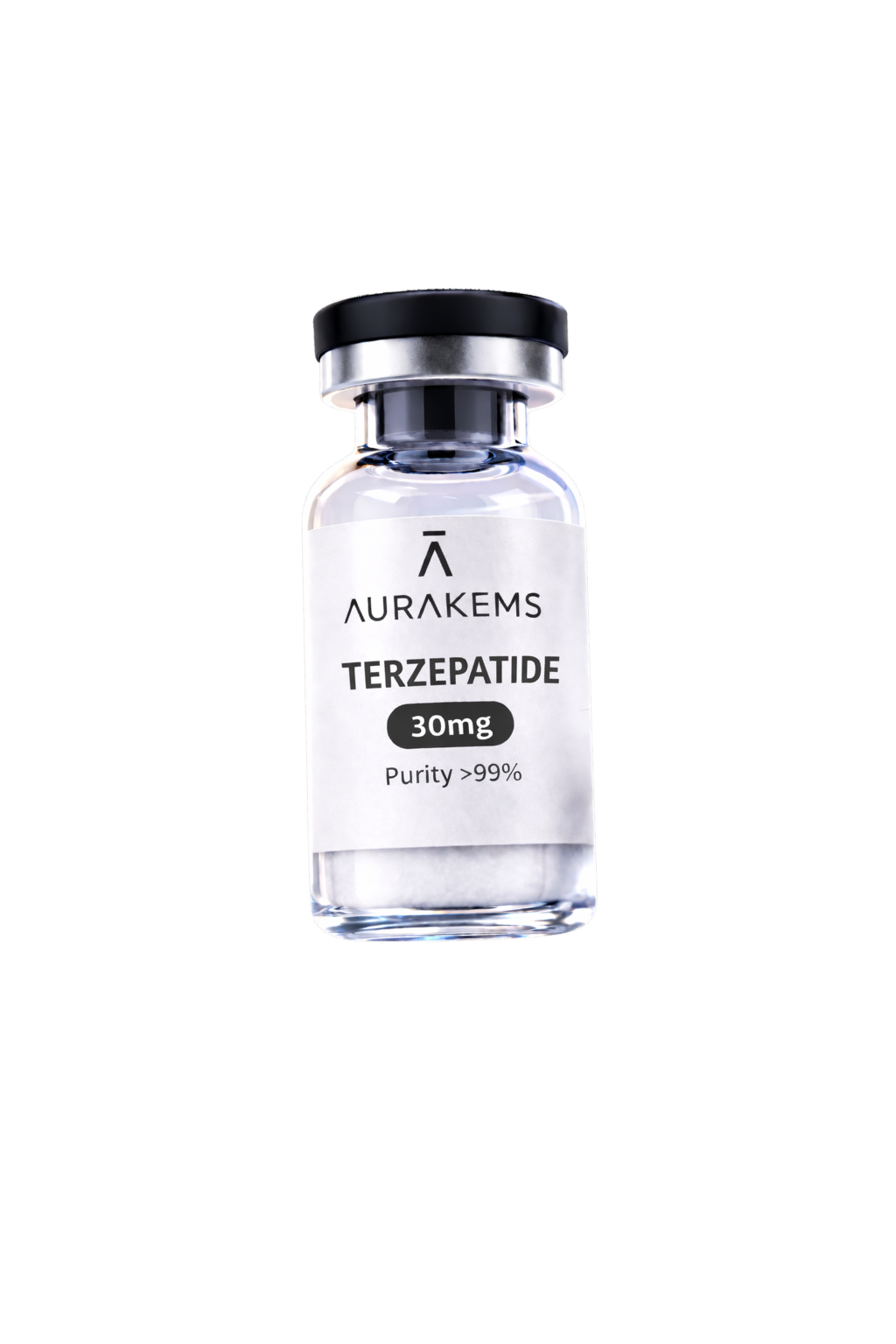A small glass vial labeled 'Aurakems Terzepatide 30mg, Purity >99%' with a black and silver cap.