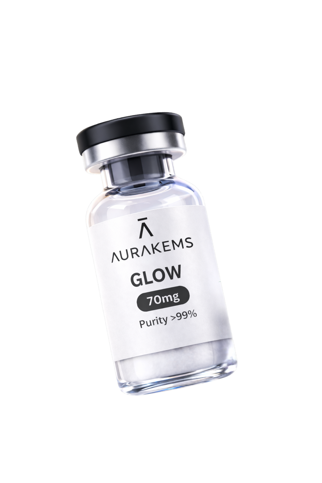 A small clear glass vial labeled 'AURAKEMS GLOW 70mg' with purity greater than 99%, tilted against a background featuring a yellow, black, and green stripe.