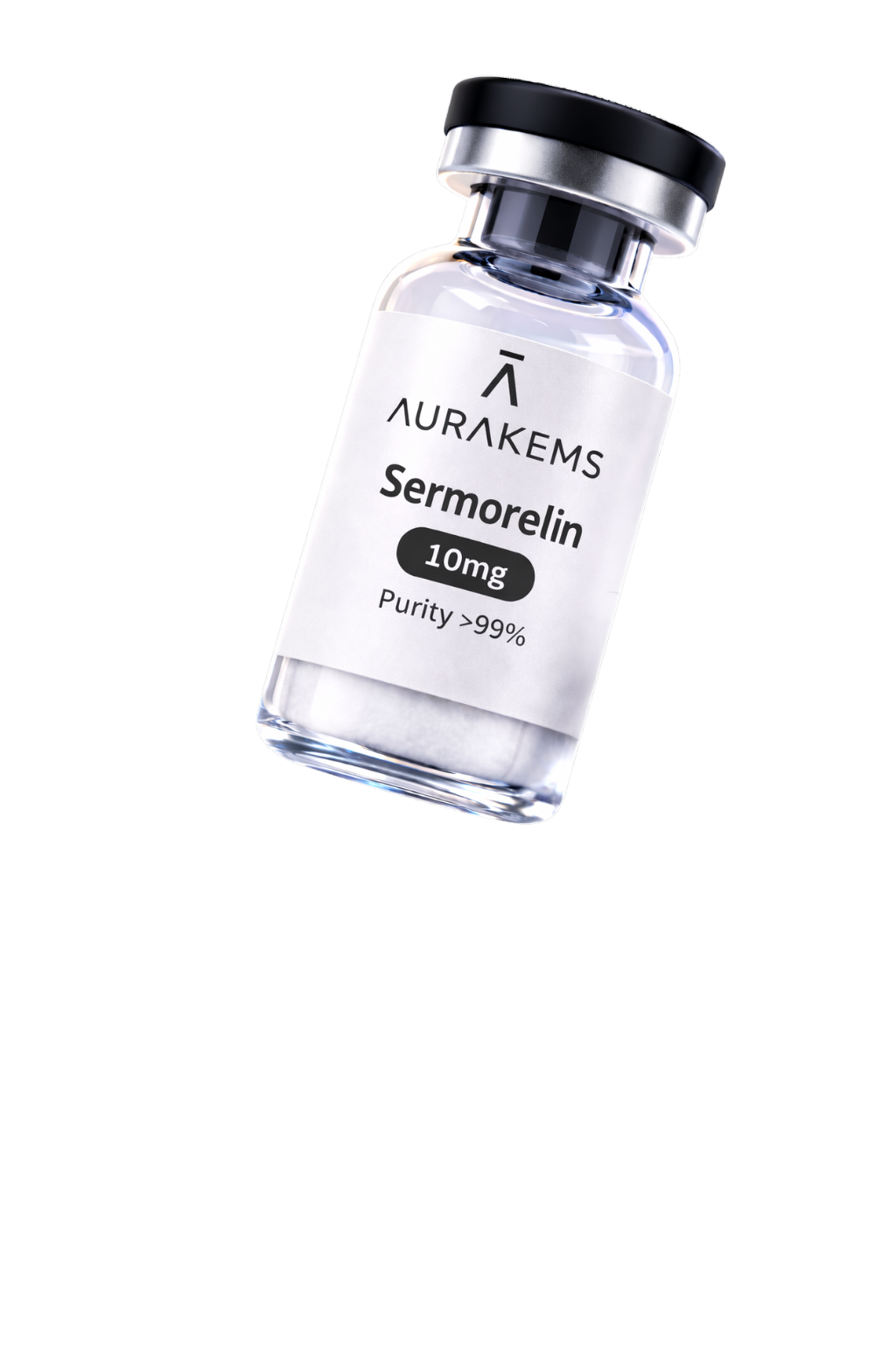 A glass bottle labeled 'AURAKEMS Sermorelin 10mg Purity >99%' with a black cap, isolated on a white background.