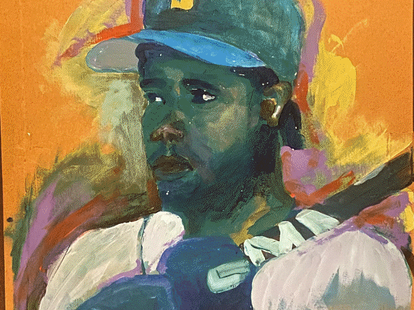 Painting of a woman with dark hair wearing a baseball cap and a striped shirt, holding a microphone, with a colorful abstract background.