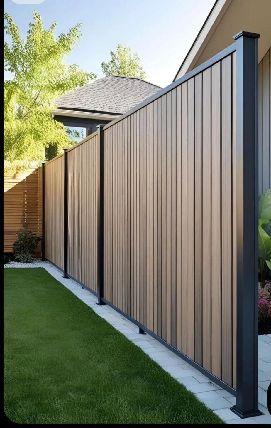 Fenced backyard with tan vertical slat fence, grass lawn, and part of a house with gray roof and beige siding.