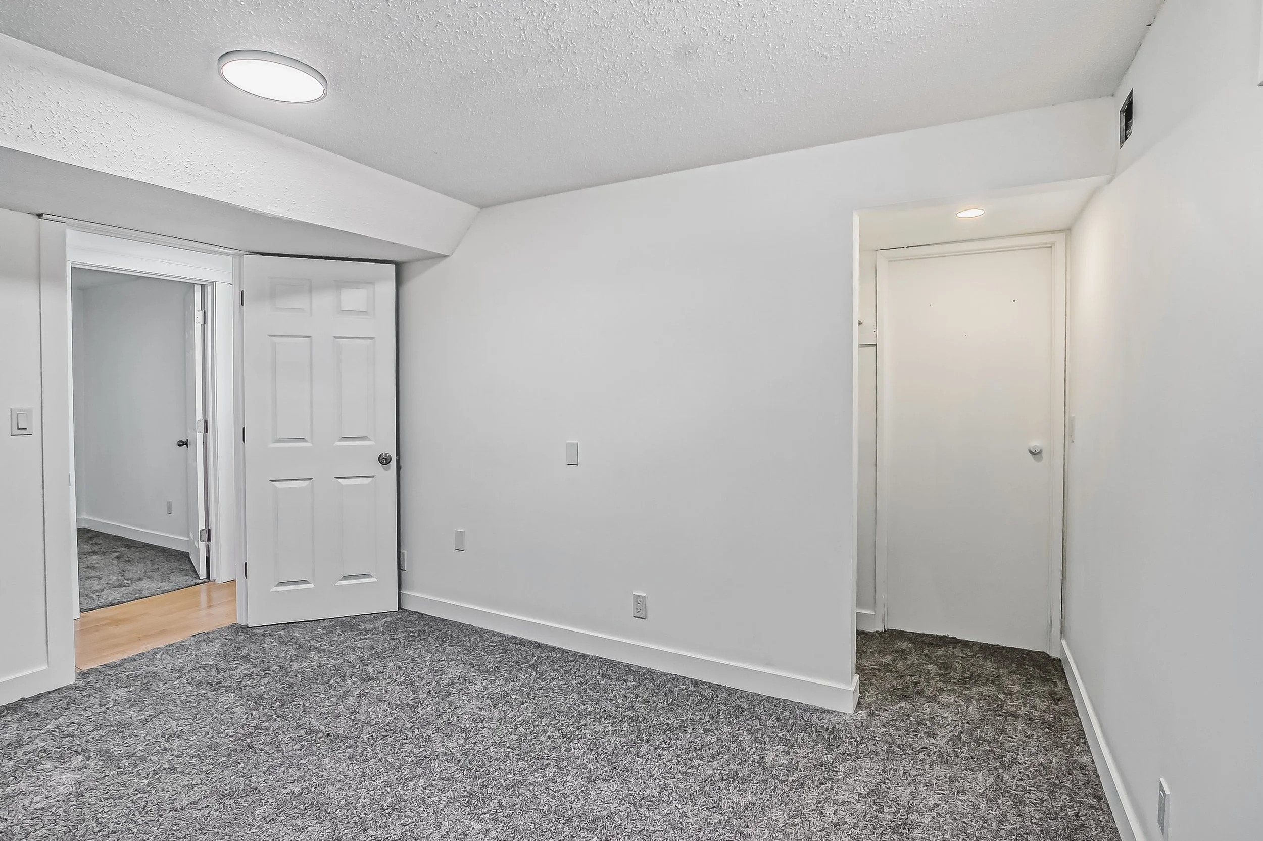 Empty white room with gray carpet, two doors, and a ceiling light