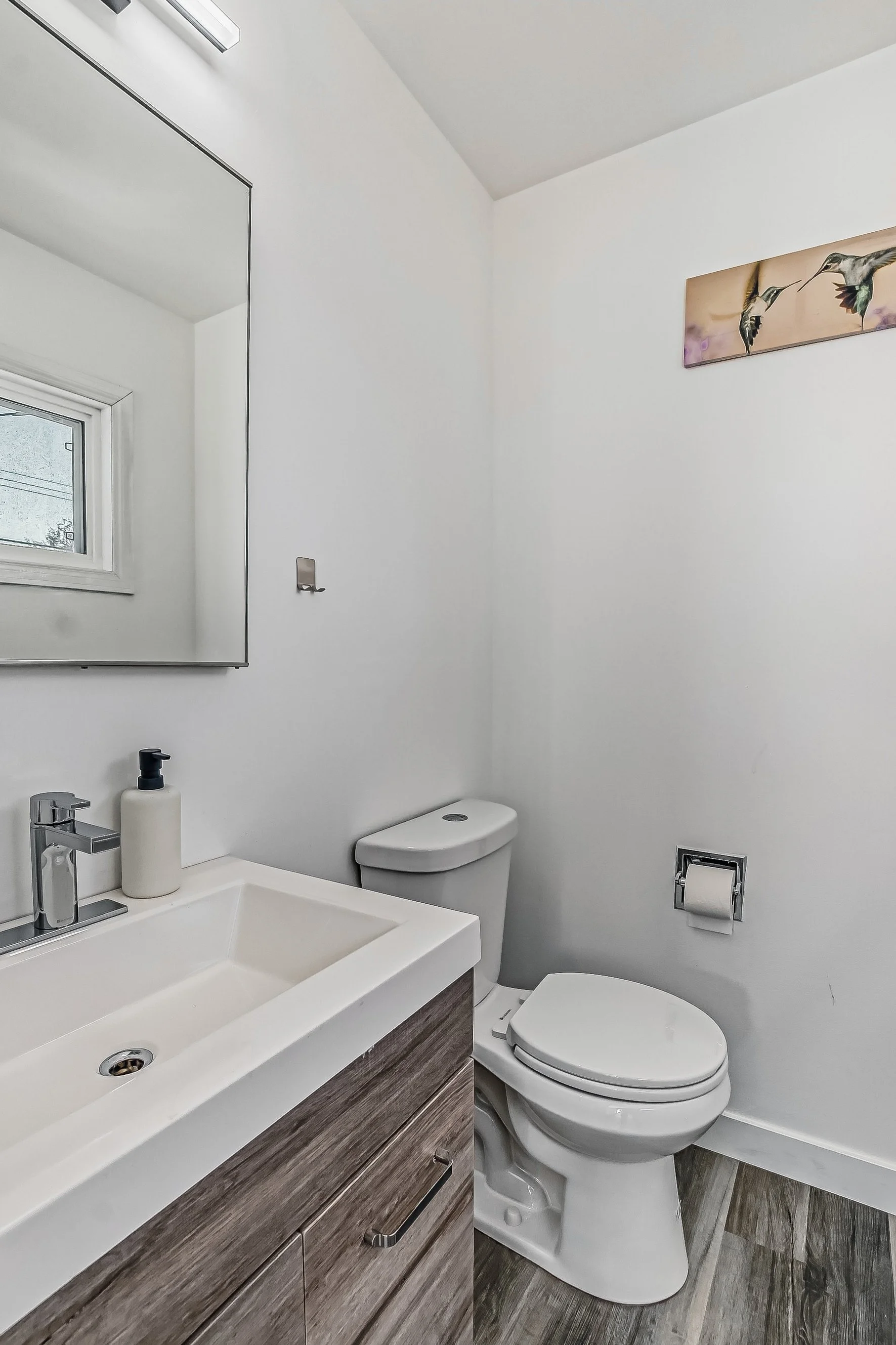A modern bathroom with a white sink on a wooden vanity, a toilet, a small window, a rectangular mirror, and a painting of two hummingbirds on the wall.
