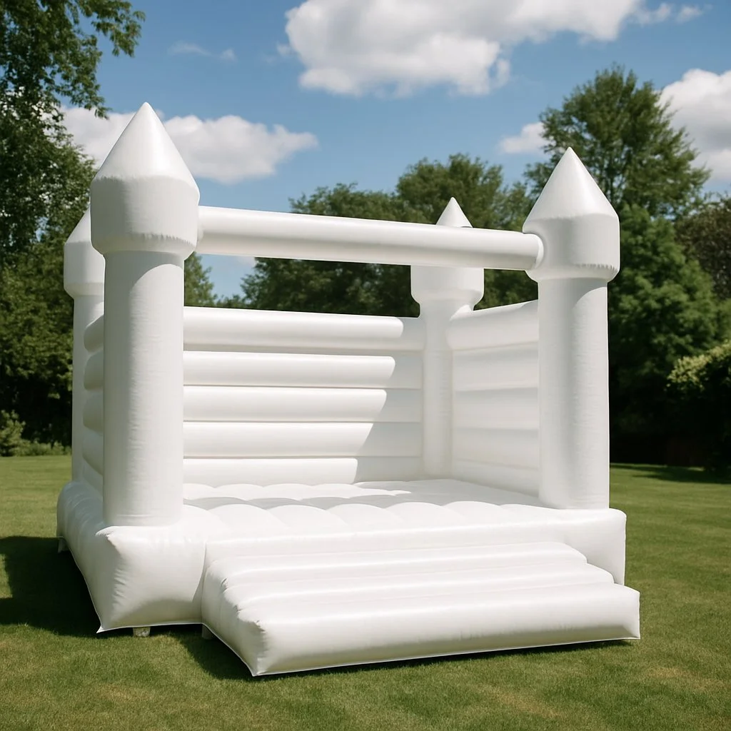 Colorful inflatable bounce house with yellow, blue, and red sections, set up outdoors on grass with trees and a cloudy sky in the background.