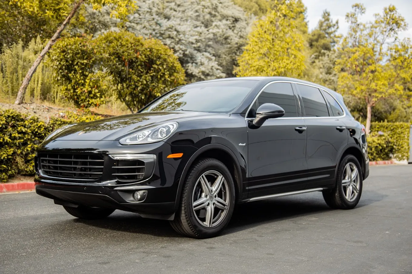 Black luxury SUV parked on the street with green trees and bushes in the background.