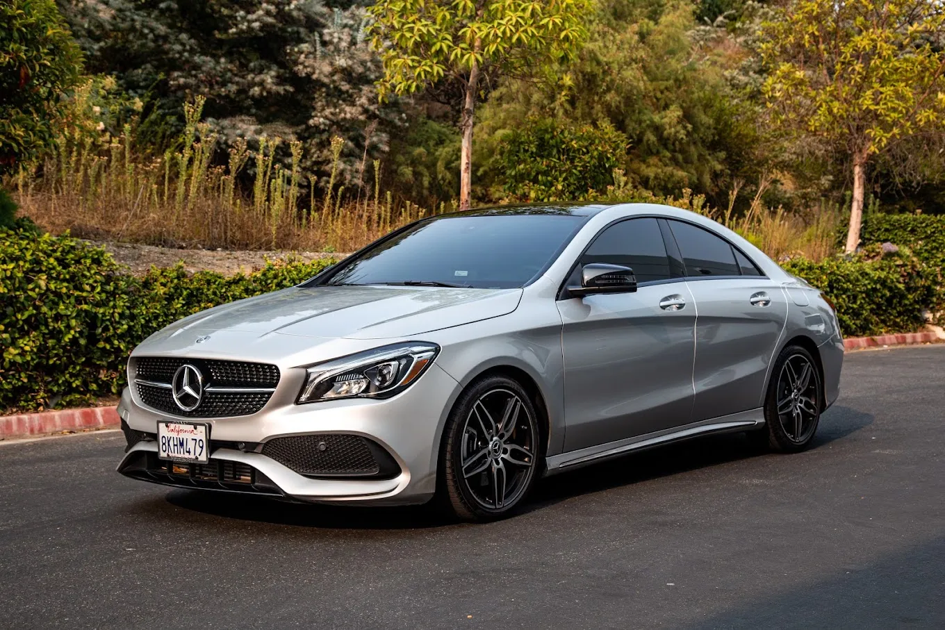 Silver Mercedes-Benz sedan parked on a paved road with trees and bushes in the background.