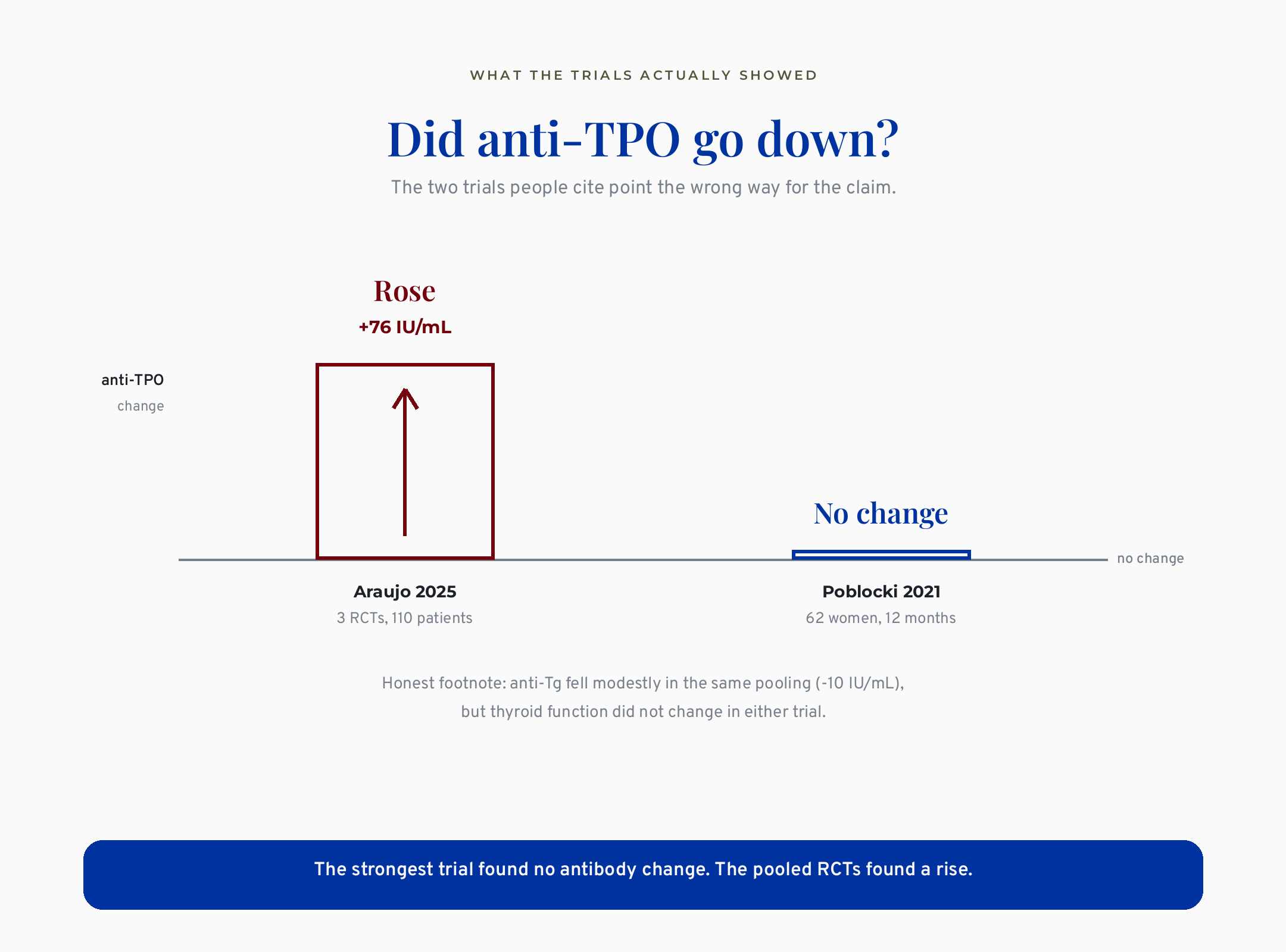 Bar comparison of anti-TPO change on gluten-free, rising 76 in Araujo 2025 versus no change in Poblocki 2021