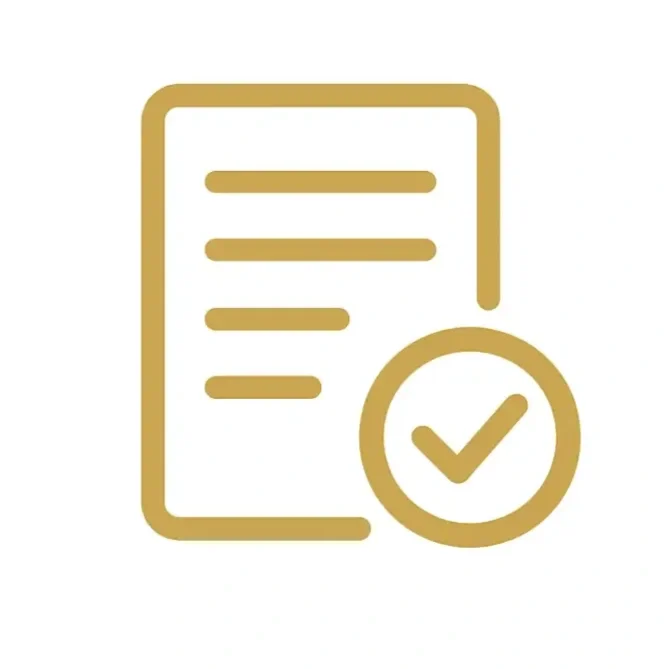 Icon of a document with lines of text and a checkmark in a circle, color gold.