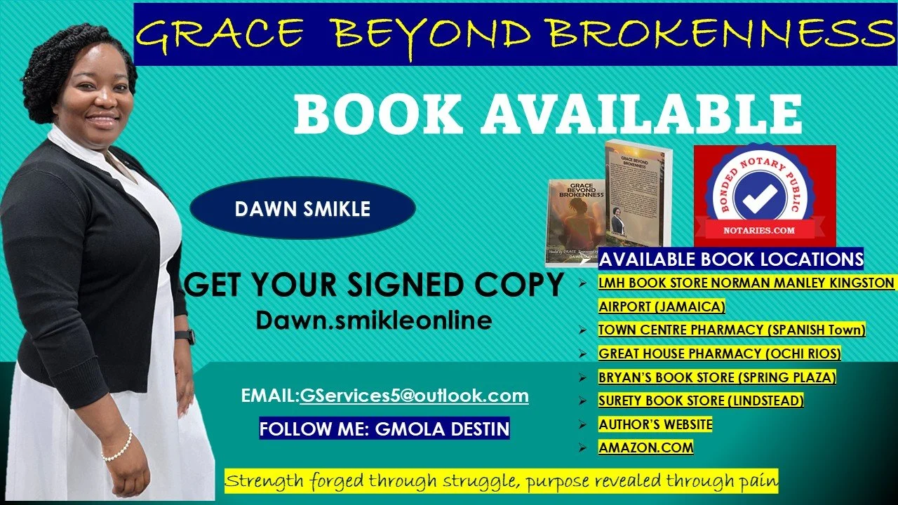 Promotional graphic for the book "Grace Beyond Brokenness" by Dawn Smikle, featuring a photo of the author, book cover images, and details on where to purchase the signed copy, including online and physical locations.