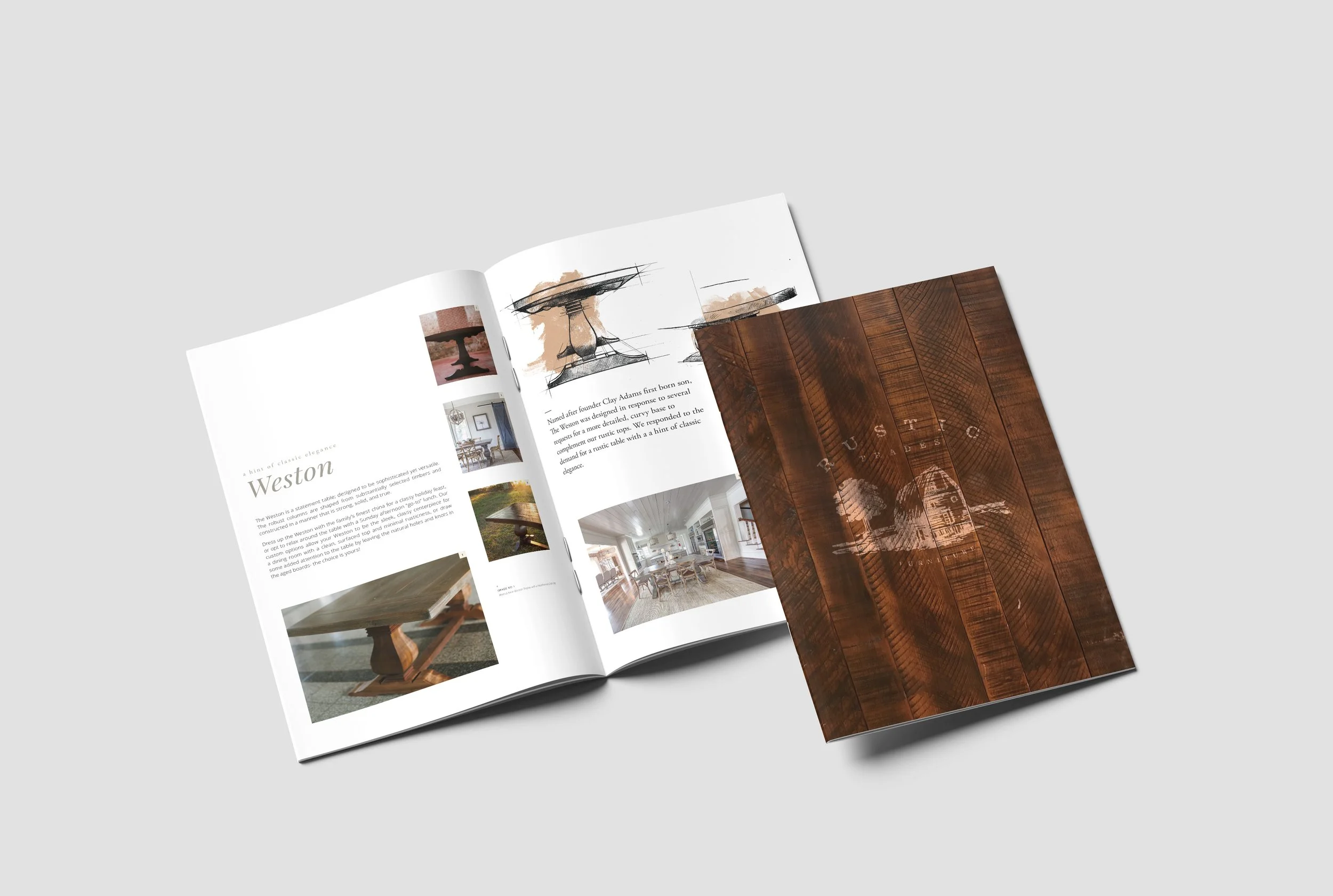 Open magazine showcasing wooden furniture and interior design, with a wooden sign featuring a carved skull and the text 'FRELU'